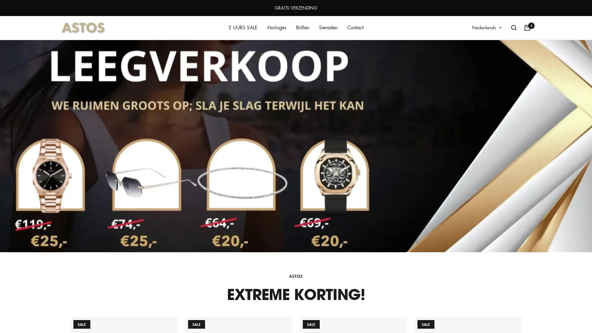 Astos watch sale e-commerce homepage designed in WordPress, showcasing luxury watch product grid and UI layout