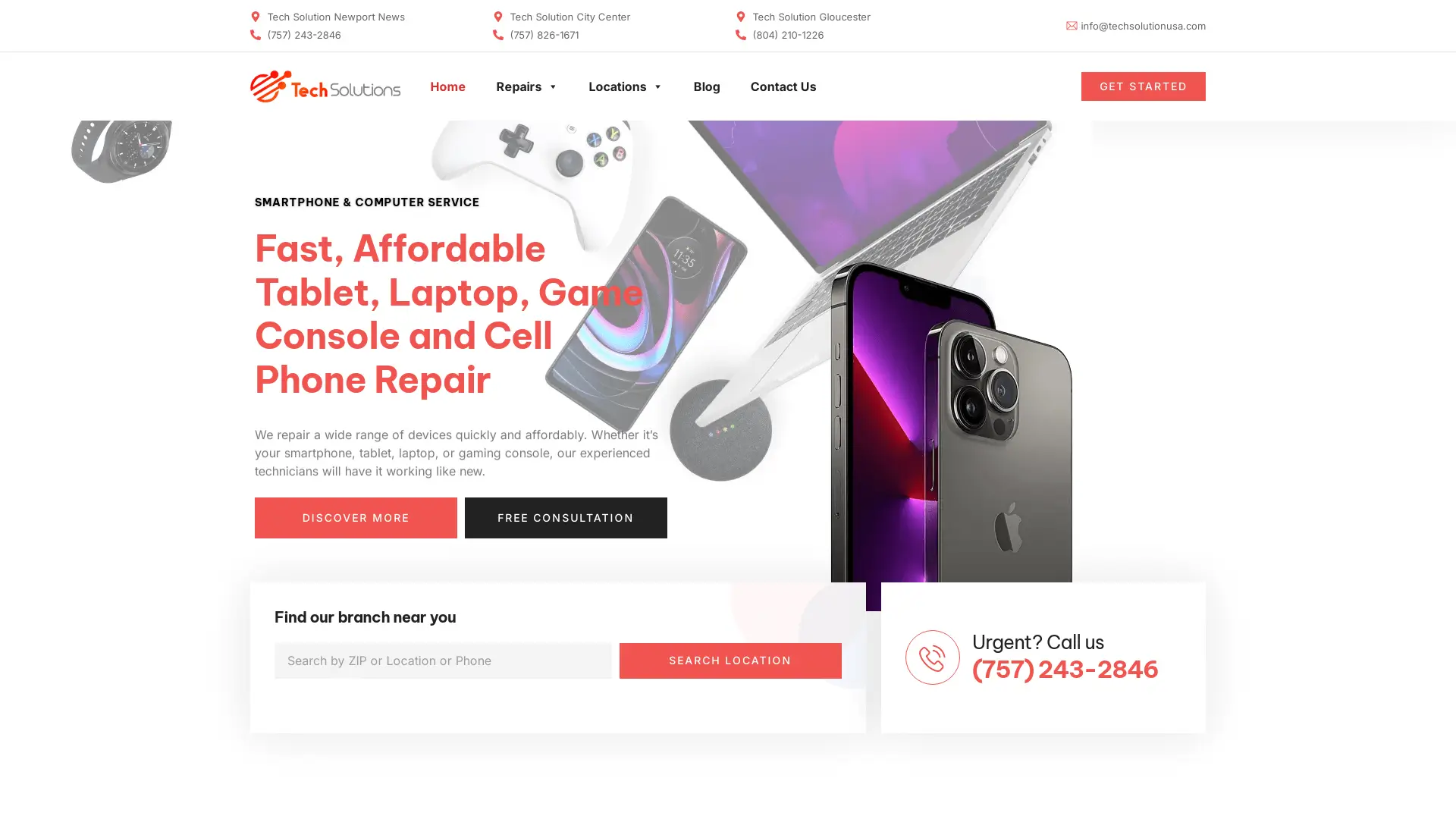 Tech Solutions WordPress website – laptop, smartphone, and game console repair services homepage with device visuals and ‘Fast, Affordable’ headline