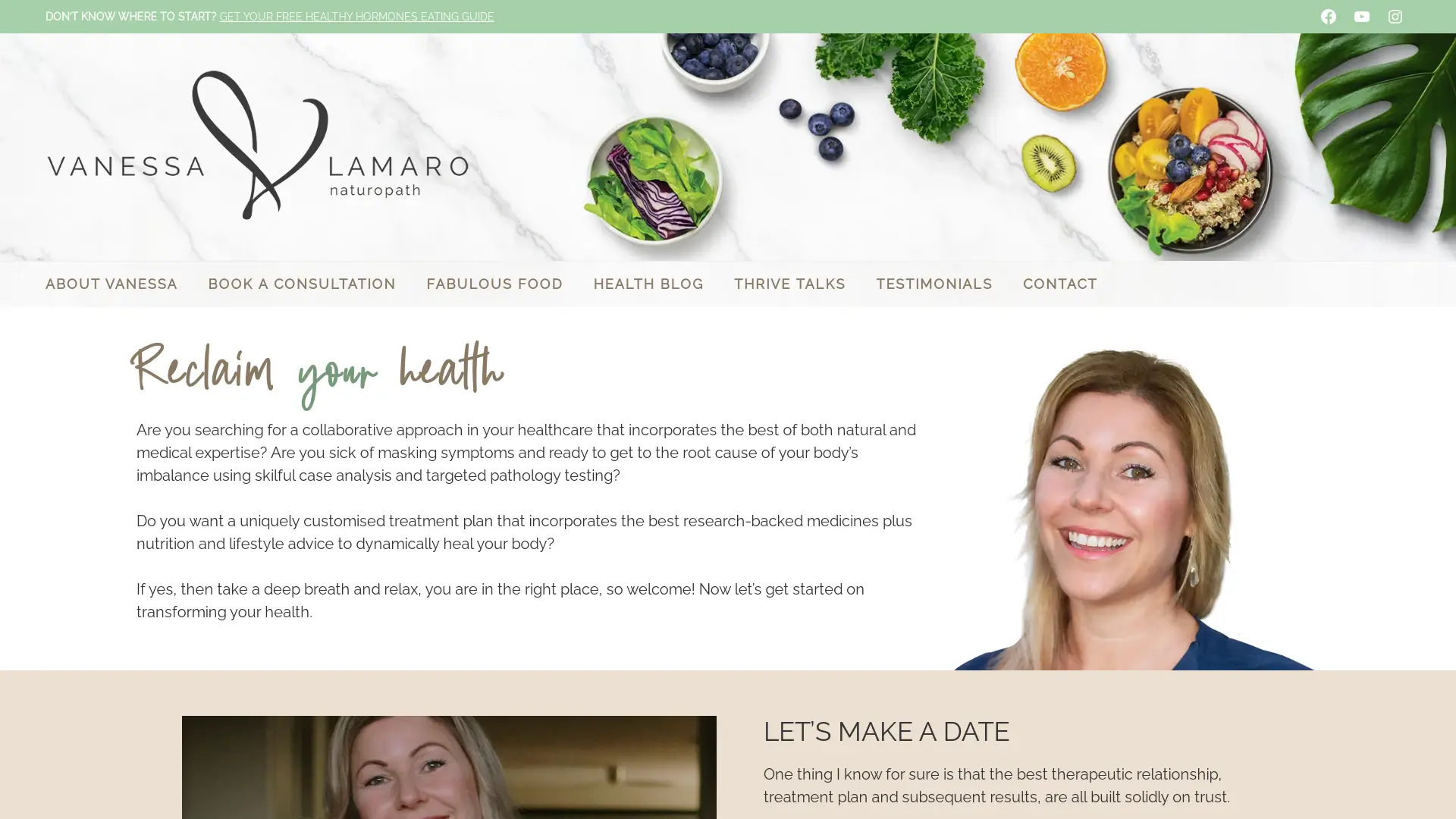 Vanessa Lamaro naturopath WordPress website homepage with fresh fruits banner and tagline 'Reclaim your health'