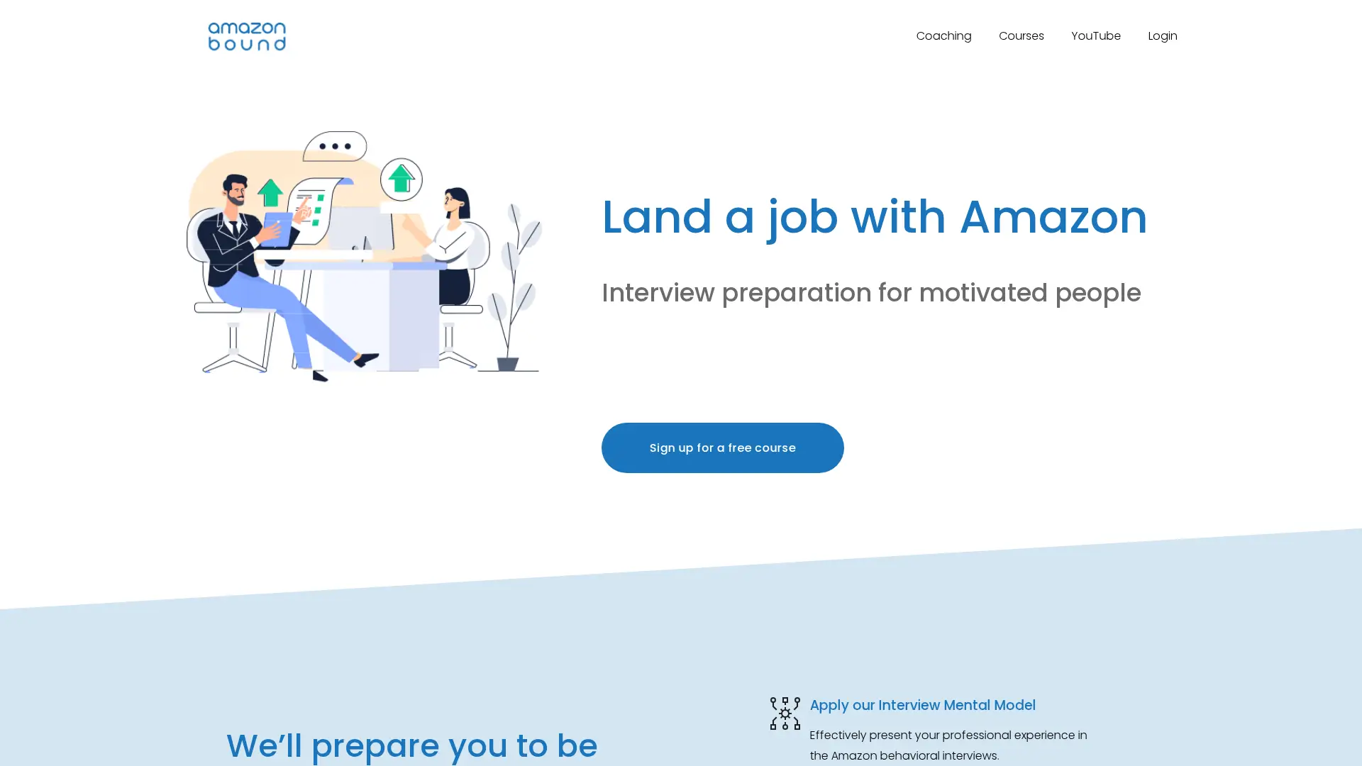 Amazon Bound – Custom WordPress E-learning Website (USA), screenshot of homepage with interview prep course design