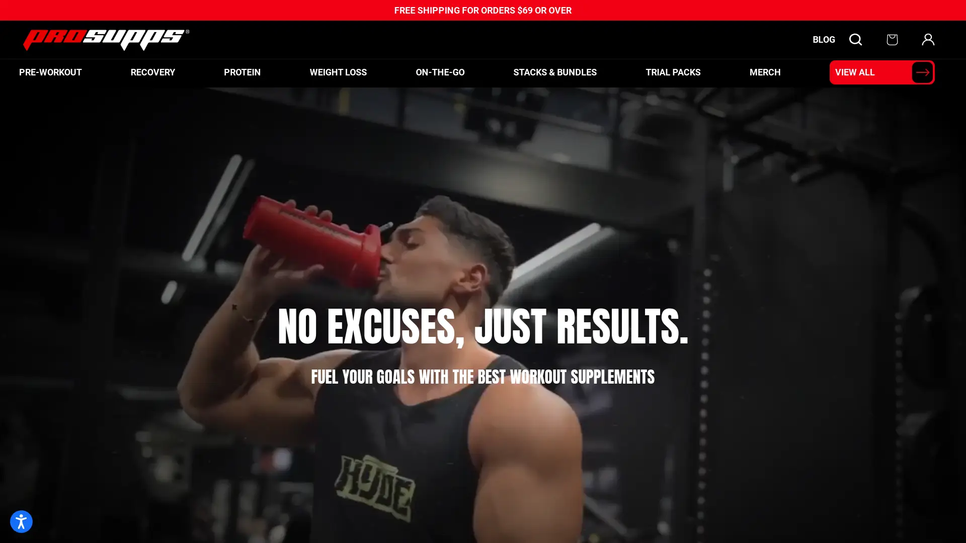 Muscular athlete drinking supplement from gym shaker—ProSupps custom WordPress hero section screenshot