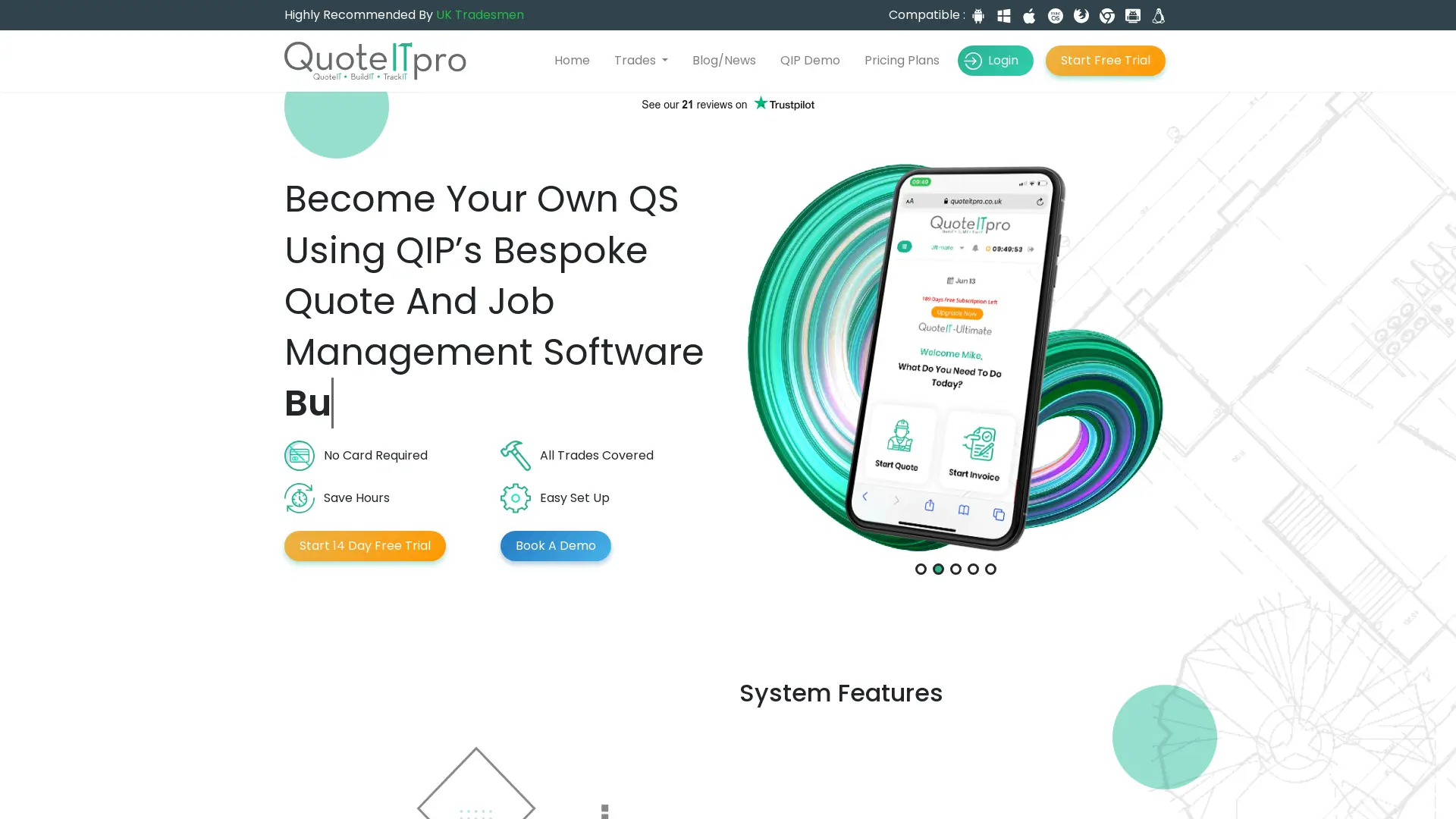 QuoteItPro custom WordPress quoting software homepage design screenshot with mobile app preview and feature highlights