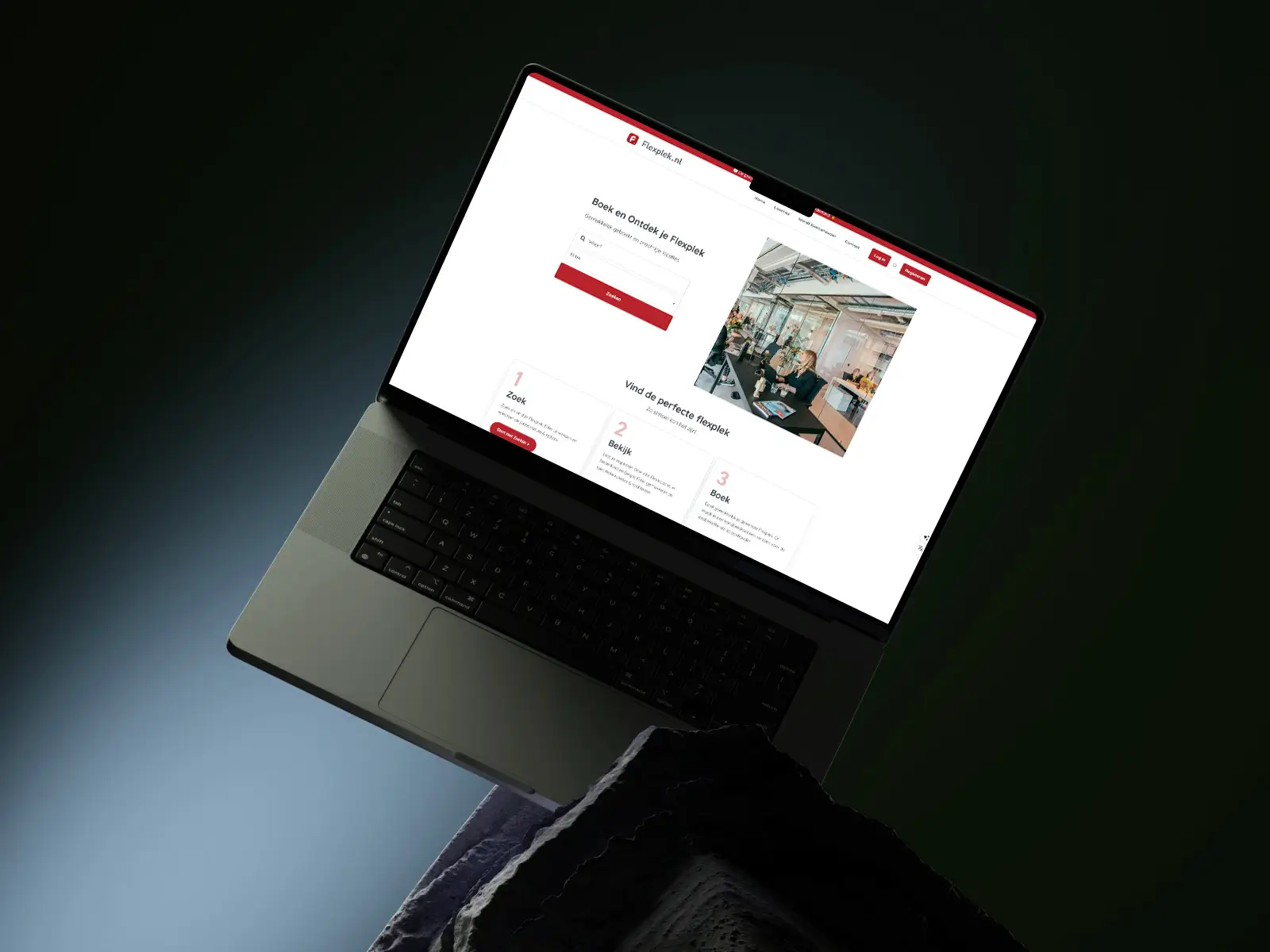 Homepage of Flexplek WordPress website showing workspace search and booking feature