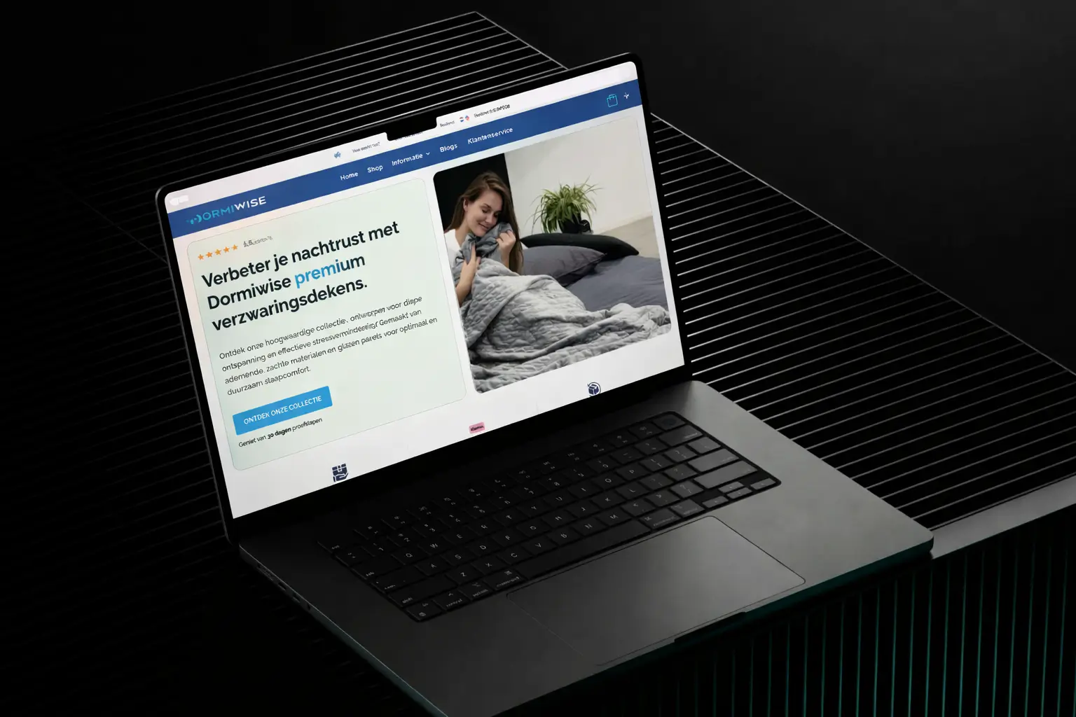 MacBook mockup displaying the Dormiwise e-commerce website homepage designed by Harshad Variya